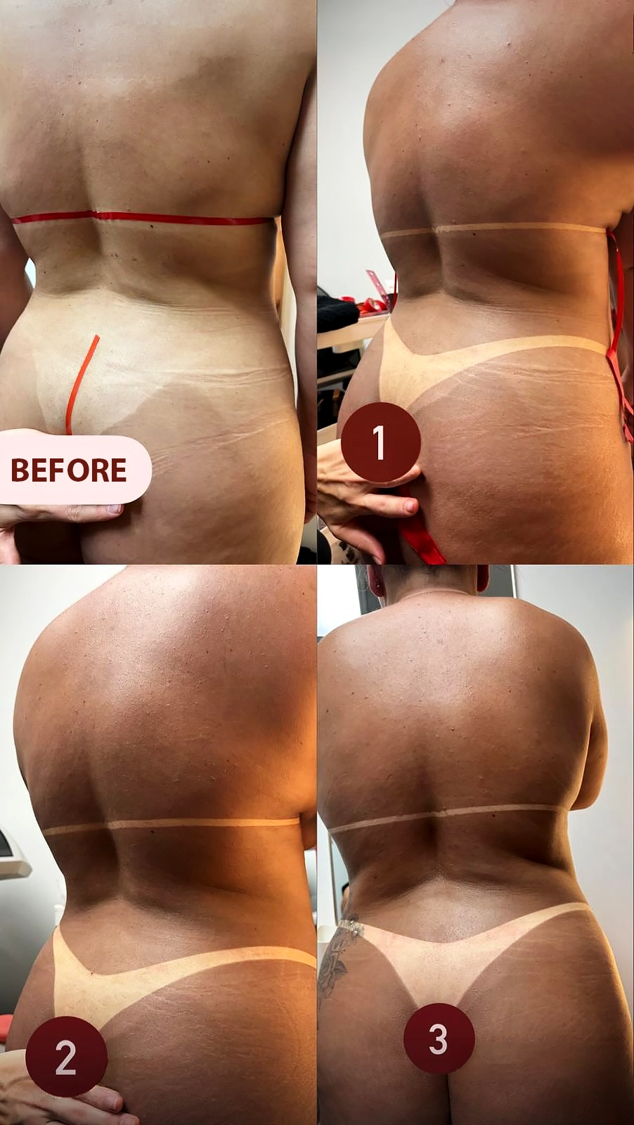 Tanning progression showing before and results after one, two, and three sessions at Brazilian Touch Tanning